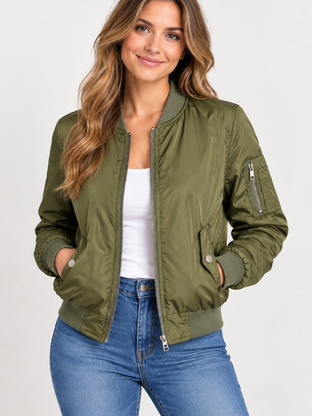 36.5 Women’s Olive Green MA-1 Bomber Jacket Size S Full Zip Utility Pocket